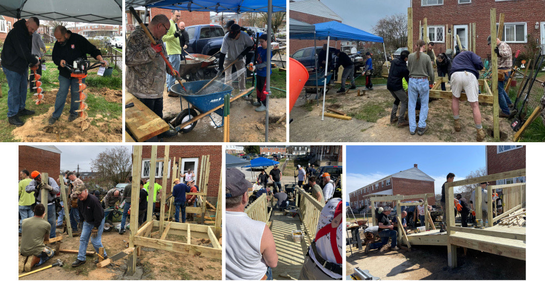 A collage of six photographs of Fishers of Men at work on a service project: digging post holes, mixing concrete in a wheelbarrow, and framing and decking a wooden wheelchair ramp outside a row house.