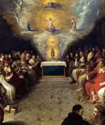 A painting of the Blessed Sacrament exposed in a monstrance on an altar.