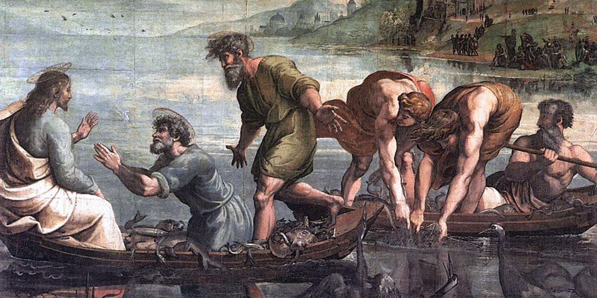 Raphael's fresco of the miraculous catch of fish: Christ seated in a boat as Peter kneels before him, while fishermen in a second boat haul in nets overflowing with fish.